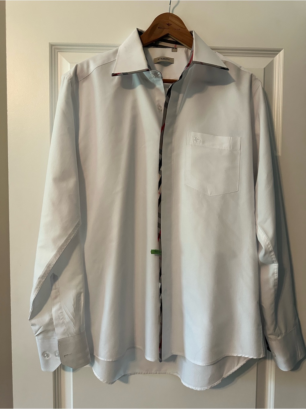 Burberry White Long-Sleeve Dress Shirt With Subtle Plaid Trim